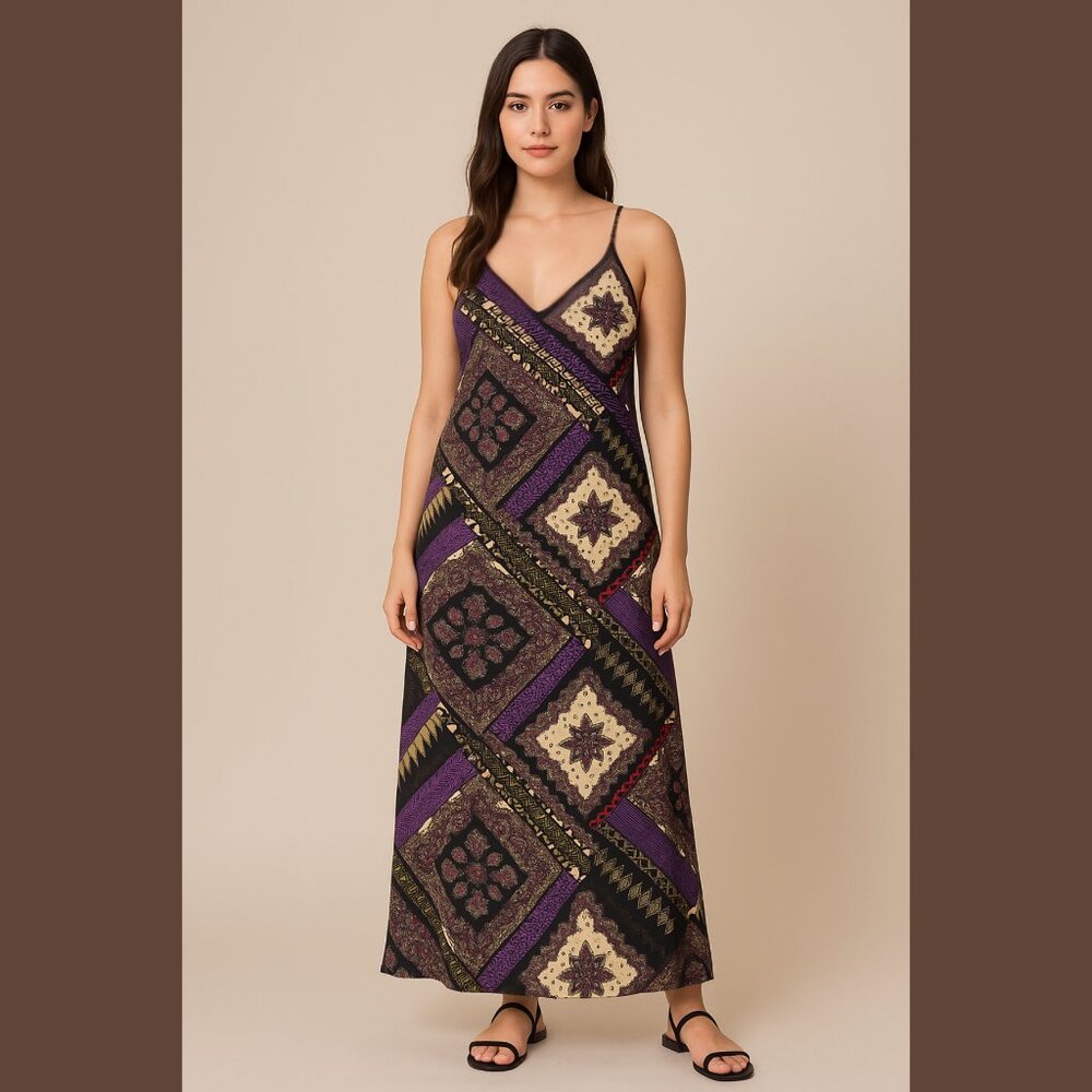 Strappy Maxi Dress, Black/Purple/Red Paisley Bandana Print, Sz L